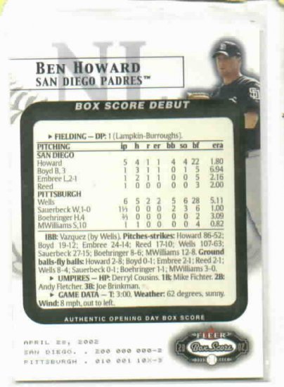 2002 Fleer Box Score Ben Howard Rookie Debut San Diego Padres #D / 2002