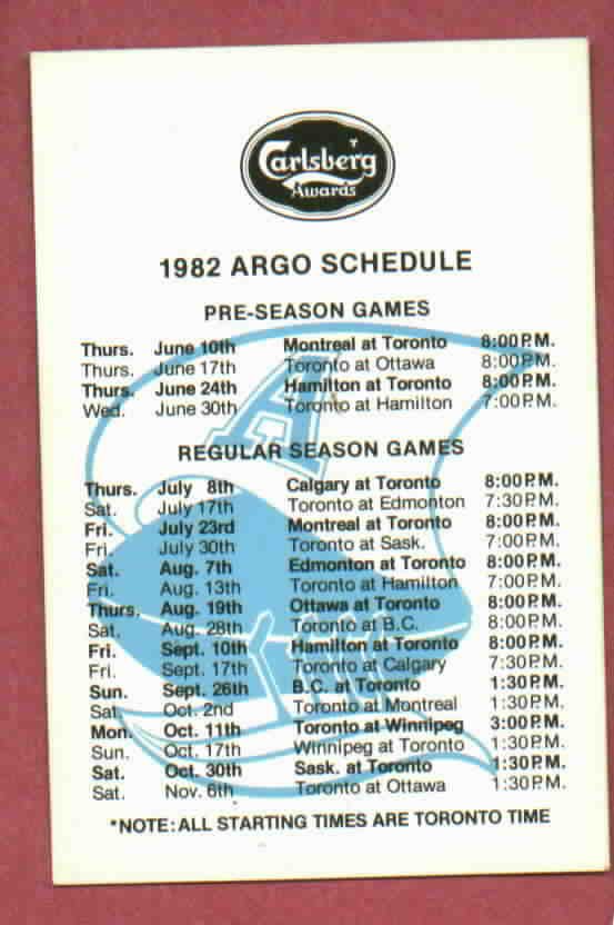 1982 Toronto Argonauts Football Pocket Schedule CFL Carlsberg