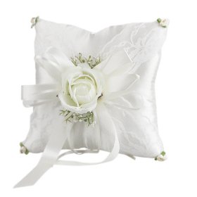 Flower Decoration White Satin Wedding Ring Pillow