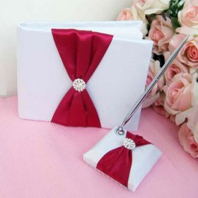 Deep Red Satin Bow Wedding GuestBook & Pen Set