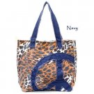 Leopard Print Peace Sign Canvas Handbag Purse, Navy