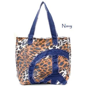 Leopard Print Peace Sign Canvas Handbag Purse, Navy