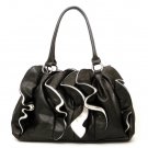 Ruffled Vegan Leather Handbag Purse, Black