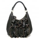 Zipper Ruffles Hobo Handbag Purse, Black