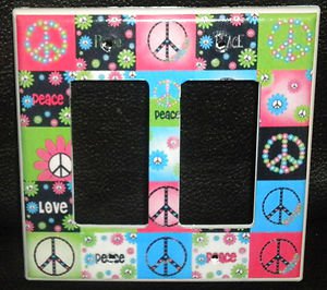 Neon PEACE SIGNS & FLOWERS DOUBLE LIGHT SWITCH Rocker / GFI Outlet