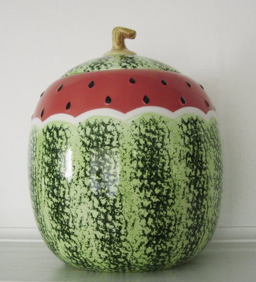 Colorful Watermelon Cookie Jar, Vintage, Red, Green