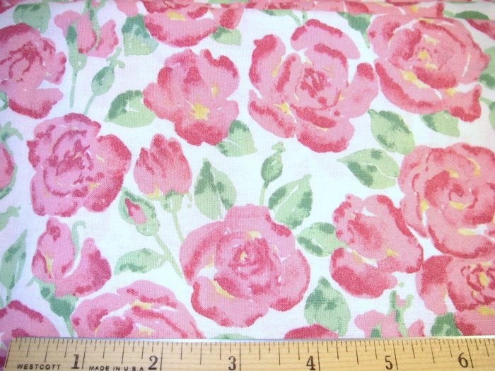 1 yard -  Large red watercolor roses with green leaves on white fabric