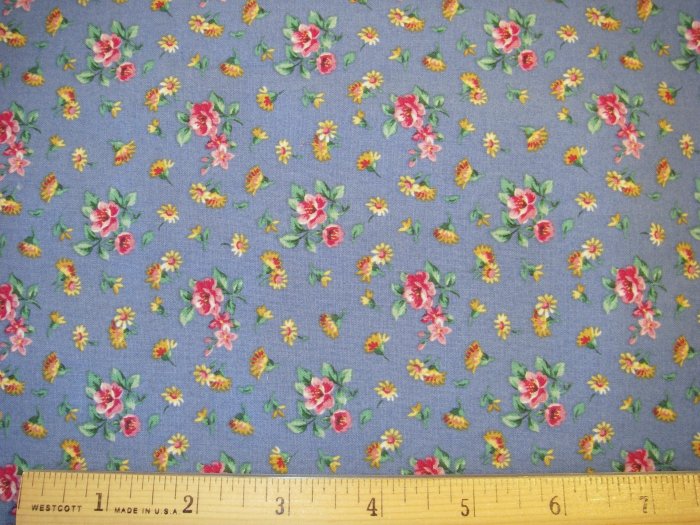 1 yard - Wedgewood blue fabric with yellow daisies and red and pink roses all over