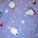 1 yard - Purple fabric with skiing snowmen all over, houses, trees, snowflakes