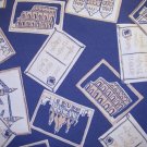 1 yard - Postcard print on medium blue fabric - tan, white, blue