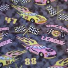 1 yard - Black marble look fabric with pink and yellow cars and accents - racing fabric