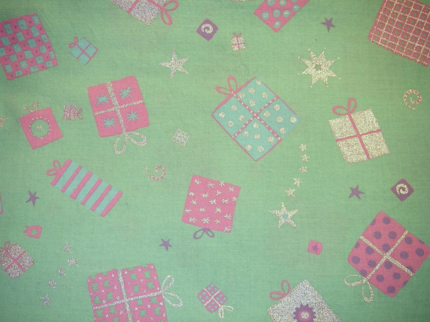 1.75 yard - Pale mint green holiday fabric, pink, purple, blue, silver packages tossed all over