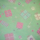 1.75 yard - Pale mint green holiday fabric, pink, purple, blue, silver packages tossed all over