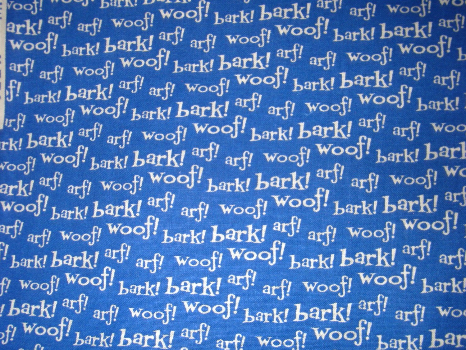 1.5 yard - Dog words on blue fabric - Bark, Woof, Art