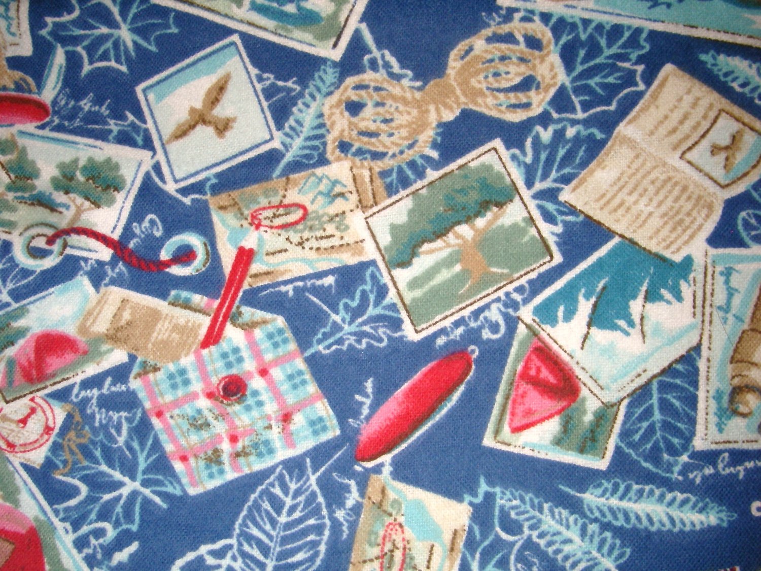 1.66 yards - Camping Themed flannel fabric - Blue, hiking, boots, tent, compass