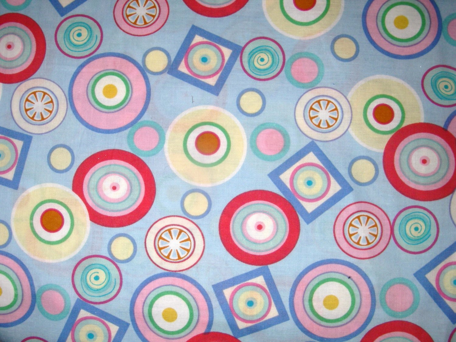 2.5 yards - Circles all over light blue fabric - Pink, yellow, green, blue, red
