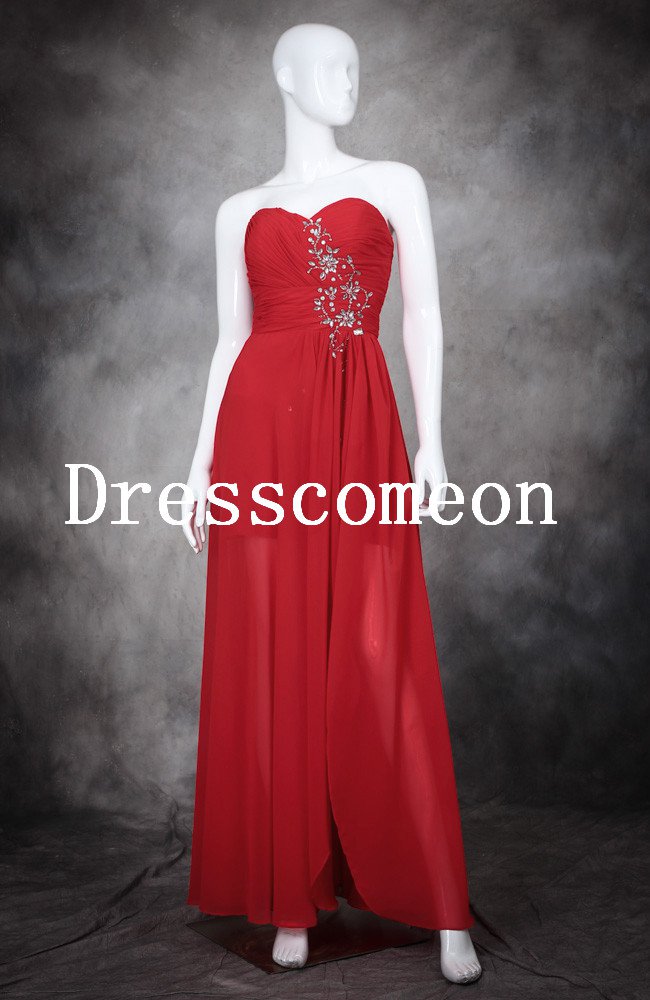 Sexy A-line Sweetheart Ruffles and Beadings Floor Length Red Prom Dresses