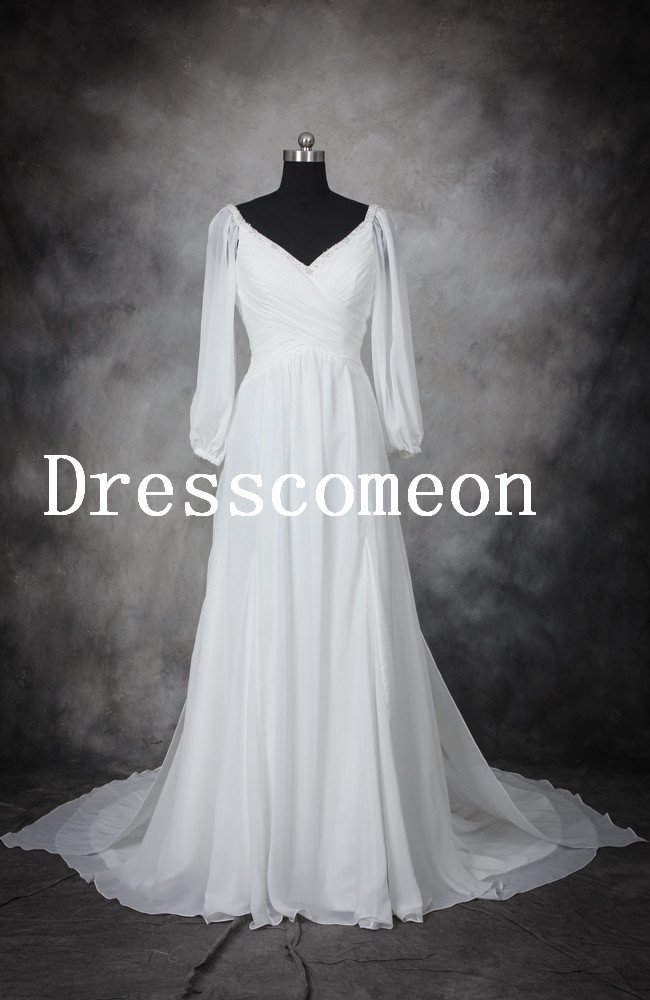 High Quality A-line V-neck Long Sleeveless Floor Length White Chiffon Wedding Dress/Bridal Gown