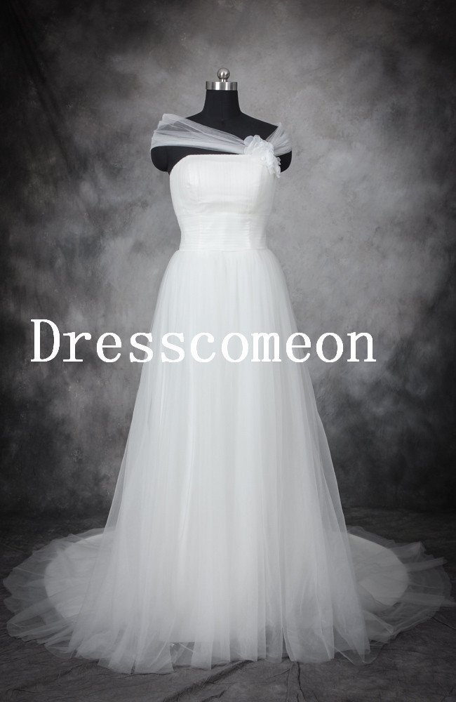 Princess A-line Strapless Sleeveless Floor Length White Tulle Wedding Dress/Bridal Gown