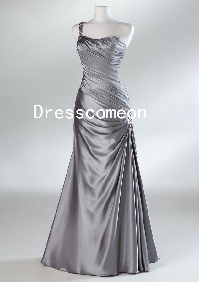 Gorgeous One Shoulder Acetate Satin Dress Steel Grey