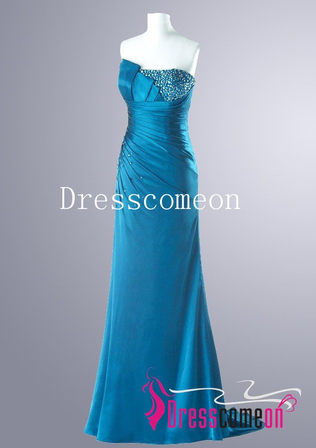 Sheath Strapless Brush Train Beaded Elsatic Satin Evening Dress/prom dresses(MD036)