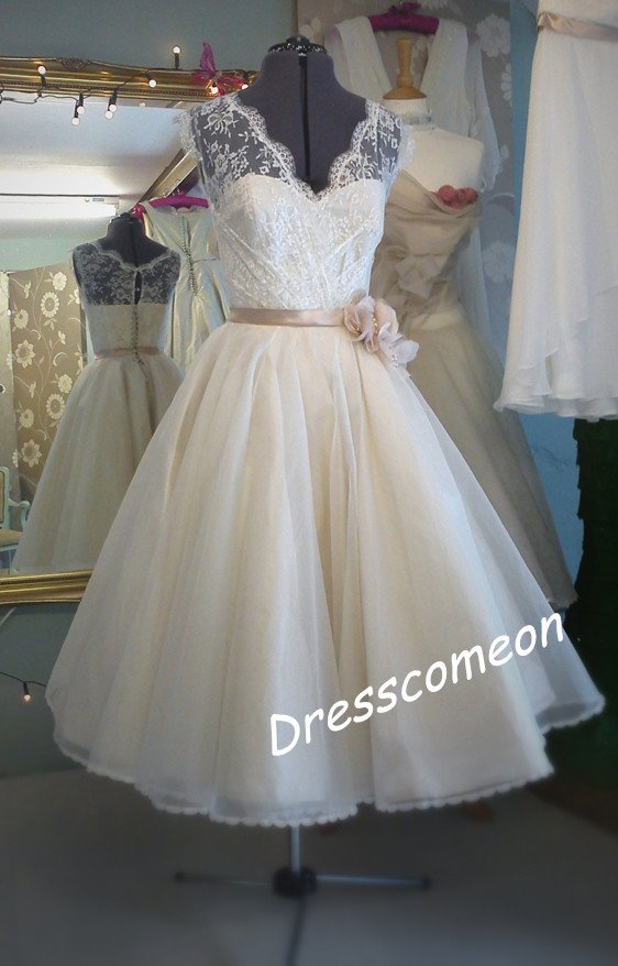 A-line V-neck Floor-length Lace and Organza Wedding Dress With Flower(WD00111)