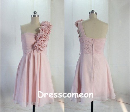 Elegant A-line Knee-length One-shoulder Chiffon Bridesmaid Dress with Flowers(BDMD006)