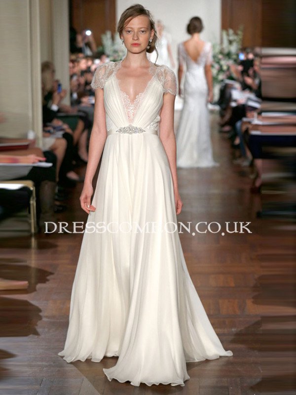 Custom Deep V-neck Cap Sleeves Lace Chiffon Beach Wedding Dress,See Through Wedding Gown,Prom Dress