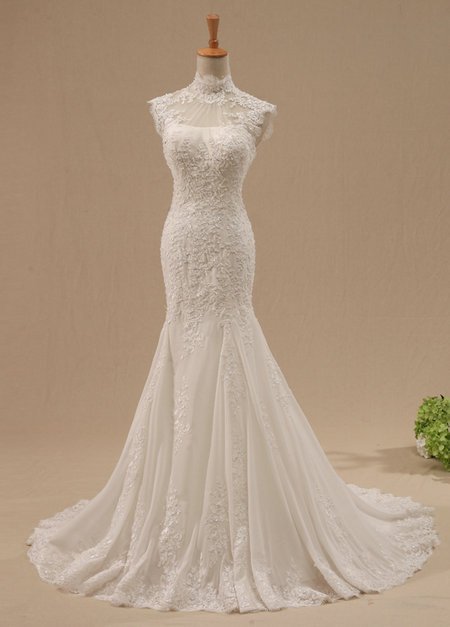 Custom Made High-neck Chapel Train Wedding Dress, Mermaid Bridal ...