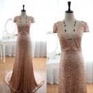 Dazzling Deep V Neck Short Sleeves Gold Sequined Sexy Bridal Wedding Dress Evening Prom Dress