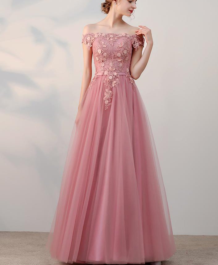 Elegant A-line Off-Shoulder Floor-Length Tulle Appliqued Beaded Prom Dresses P01