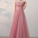 Elegant A-line Off-Shoulder Floor-Length Tulle Appliqued Beaded Prom Dresses P01
