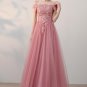 Elegant A-line Off-Shoulder Floor-Length Tulle Appliqued Beaded Prom Dresses P01