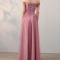 Elegant A-line Off-Shoulder Floor-Length Tulle Appliqued Beaded Prom Dresses P01