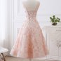 Elegant A-line Scoop Neck Tea Length Lace Pink Short Prom Dresses P03