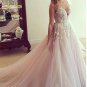 Chic Flower Appliqued Light Pink Wedding Dresses With Chapel Train Bridal Gown W26