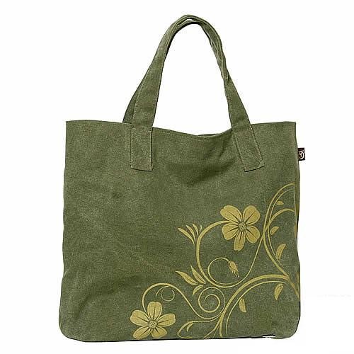 Recycled Canvas hangbag Tote Diaper Notebook bag - Flower in Green Canvas