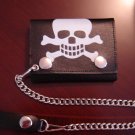 Black Leather Skull Tri Fold Chain Wallet