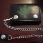Black Leather 'Marijuana Leaf' Tri Fold Chain Wallet