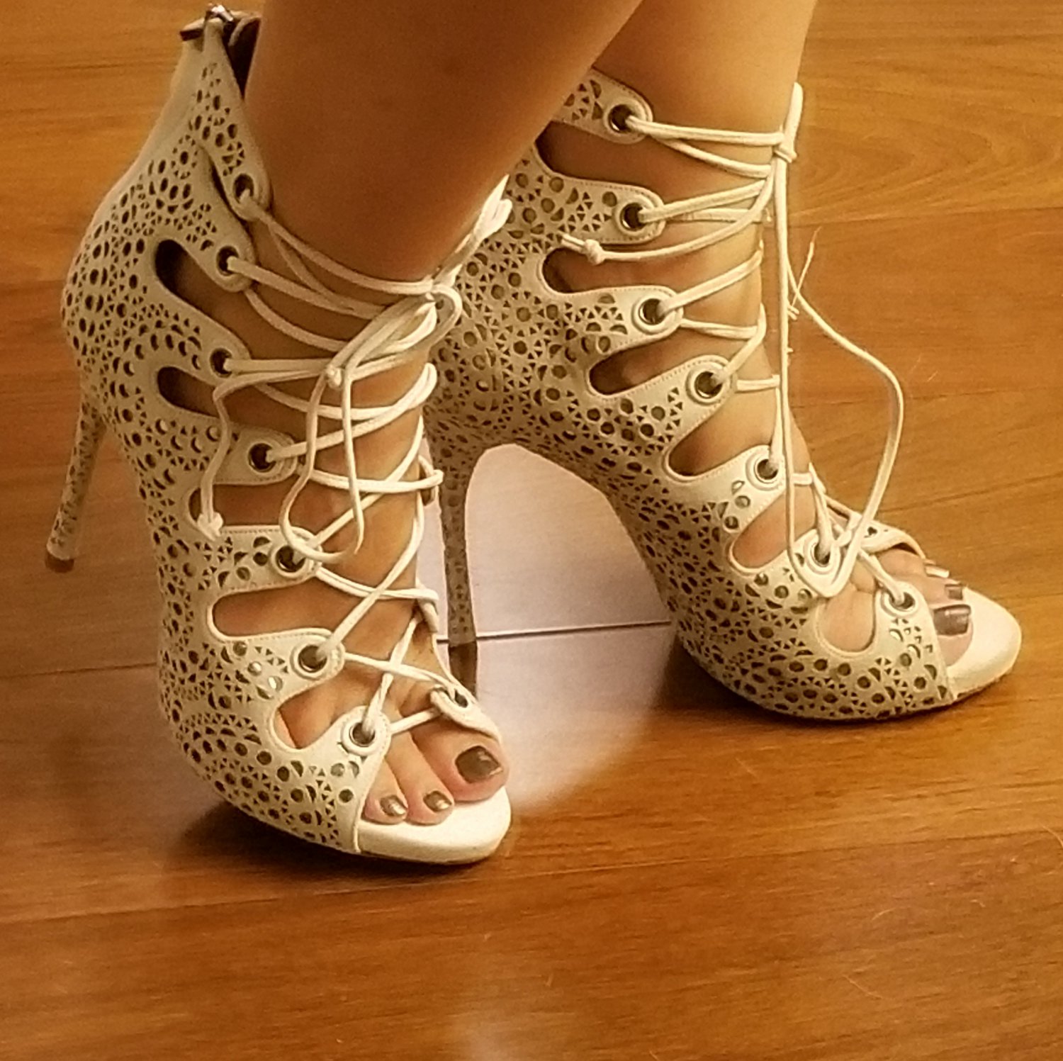 Caged Laser Cut Lace Up Heel