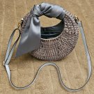 Scoop Woven Straw Bucket Basket Bag with Satin Scarf Tie Scoop Woven Straw Bucket Basket Bag with Satin Scarf Tie