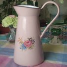 Pink Rose Bouquet Graniteware Pitcher Vintage Enamelware Blue Purple Yellow Flowers