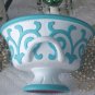 Chic Turquoise & White Scroll Compote Vintage Urn, Pedistal Bowl or Planter