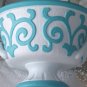 Chic Turquoise & White Scroll Compote Vintage Urn, Pedistal Bowl or Planter