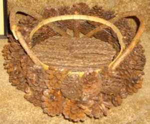 Antique Handmade 12" Primitive Basket Made w/Pinecones!