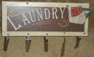 Wooden Sign Laundry Gathers Here w/Clothespins 15x6