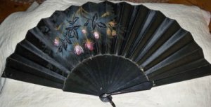 Antique C1885 Victorian Handptd Fan w/Wooden Handle