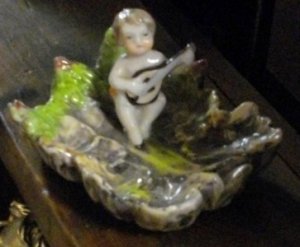 Early German Figurine w/Baby Playing Music in Leaf