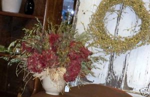 Antique Vase Filled w/Dried Floral Grasses & Hydrangeas