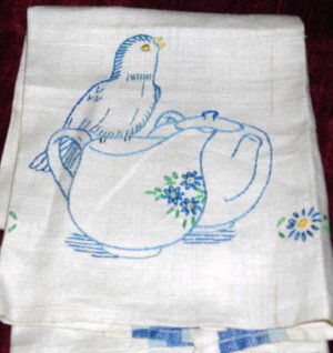 Vintage Hand Embroidered Blue & White Pure Linen Kitchen Towel
